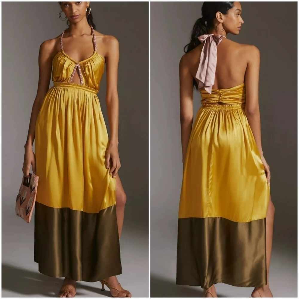 Anthropologie, New, Yellow Silk Colorblocked Silk Midi Halter Sun Dress, Size 14